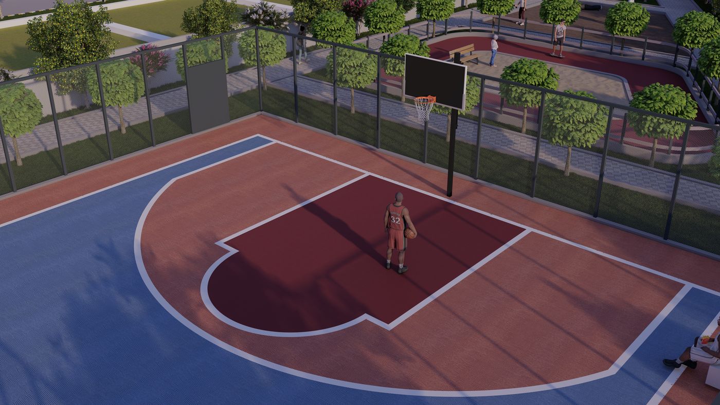 Render of the basketball court at Madhuravanam